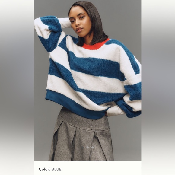 NWT new XS fits small Anthropologie Maeve Sherpa fleece stripe blue sweater top - Picture 1 of 17